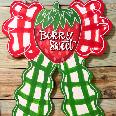 Berry Sweet Scalloped Gingham Strawberry Green and Red Bow Door Hanger Sign