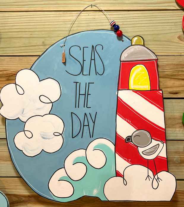 Seas the Day Birch Wood Door Hanger – Hand Painted Coastal Lighthouse Sign