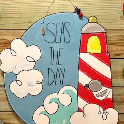 Seas the Day Birch Wood Door Hanger – Hand Painted Coastal Lighthouse Sign