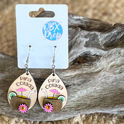 Pina Colada Hand Painted Birch Dangle Earrings – Tropical 3D Coastal Vibes with Rhinestone Accent