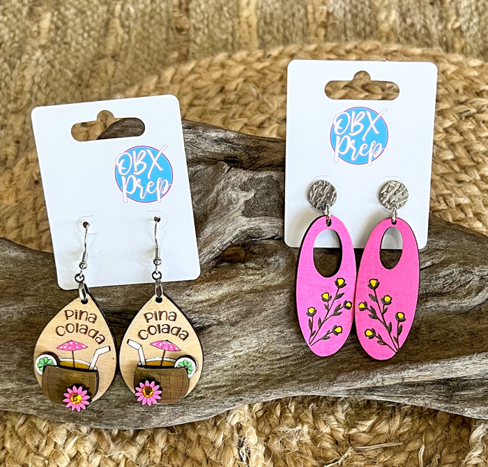 Pina Colada Hand Painted Birch Dangle Earrings – Tropical 3D Coastal Vibes with Rhinestone Accent