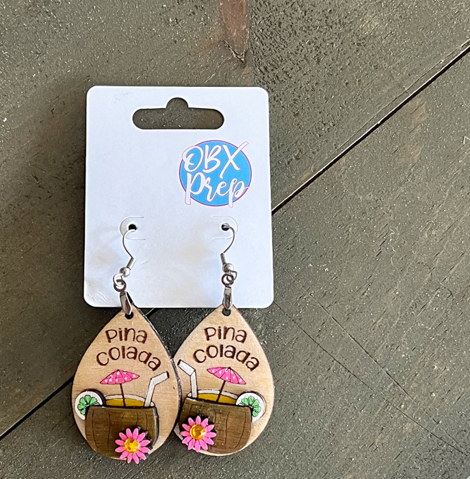 Pina Colada Hand Painted Birch Dangle Earrings – Tropical 3D Coastal Vibes with Rhinestone Accent