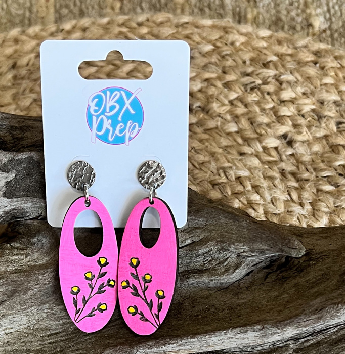 Hand Painted Hot Pink Engraved Floral Dangle Earrings- Summer Drop Birch Wood Earrings 