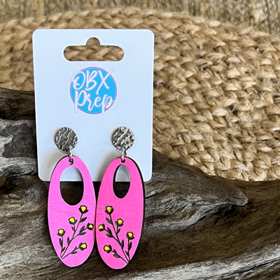 Hand Painted Hot Pink Engraved Floral Dangle Earrings- Summer Drop Birch Wood Earrings 