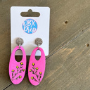  Hand Painted Hot Pink Engraved Floral Dangle Earrings- Summer Drop Birch Wood Earrings 