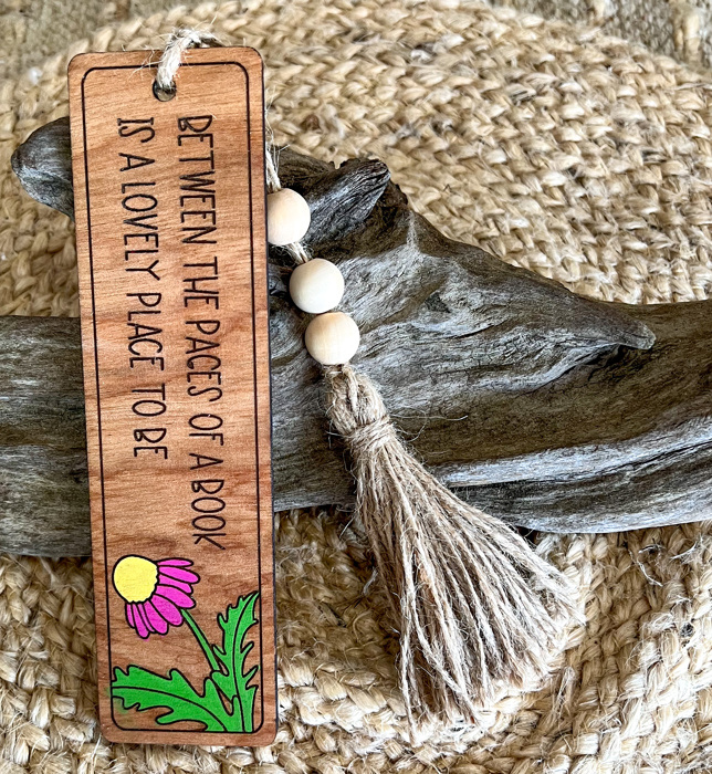 Engraved & Hand-Painted Birch Wood Bookmark – Golden Oak Stain with Beaded Tassel