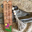Between the Pages  Engraved & Hand-Painted Birch Wood Bookmark – Golden Oak Stain with Beaded Tassel