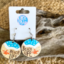  Hand Painted Beach Life Round Earrings – Engraved Birch Wood Coastal Dangles Made in OBX