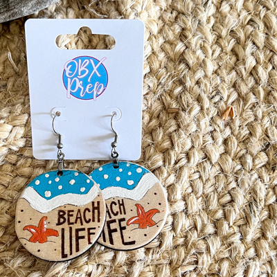 Hand Painted Beach Life Round Earrings – Engraved Birch Wood Coastal Dangles Made in OBX