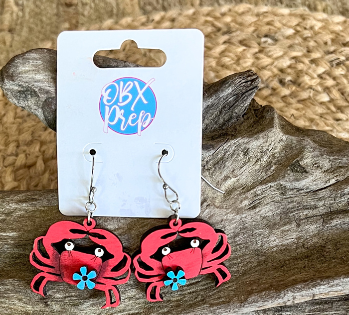 Hand Painted Crab Earrings with Floral Detail – Coastal Birch Wood Dangles Made in OBX