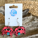  Hand Painted Crab Earrings with Floral Detail – Coastal Birch Wood Dangles Made in OBX