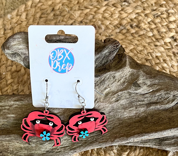 Hand Painted Crab Earrings with Floral Detail – Coastal Birch Wood Dangles Made in OBX
