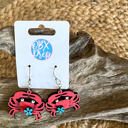  Hand Painted Crab Earrings with Floral Detail – Coastal Birch Wood Dangles Made in OBX