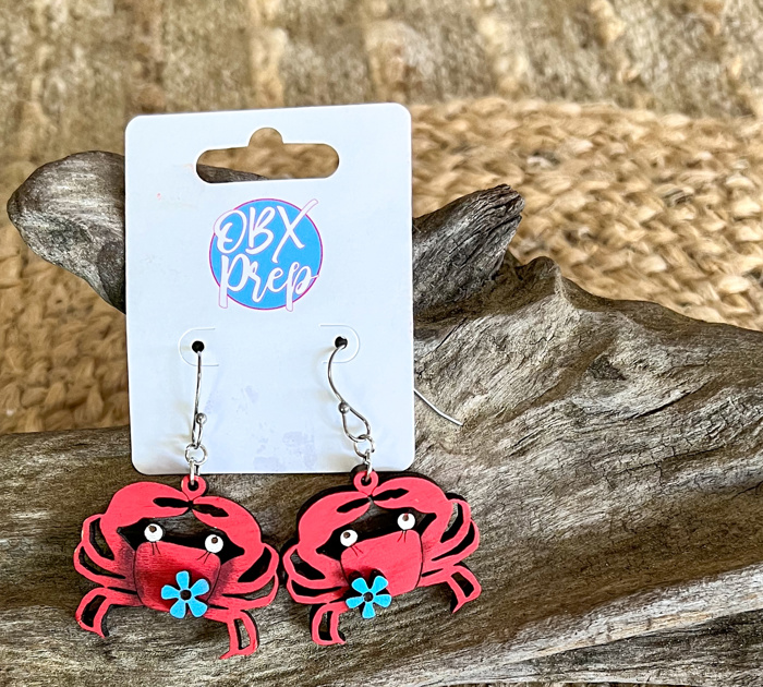Hand Painted Crab Earrings with Floral Detail – Coastal Birch Wood Dangles Made in OBX