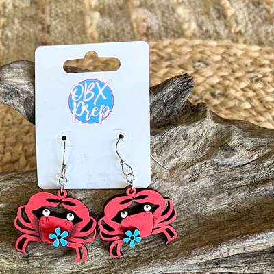 Hand Painted Crab Earrings with Floral Detail – Coastal Birch Wood Dangles Made in OBX