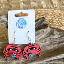  Hand Painted Crab Earrings with Floral Detail – Coastal Birch Wood Dangles Made in OBX