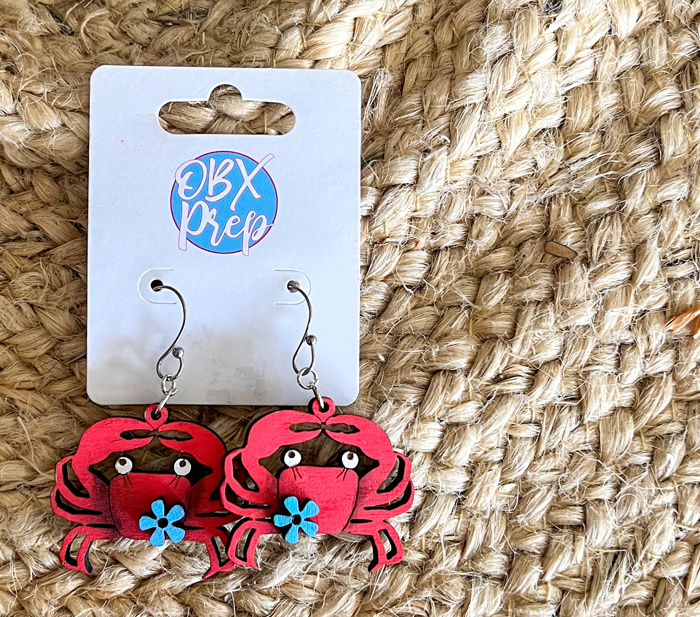 Hand Painted Crab Earrings with Floral Detail – Coastal Birch Wood Dangles Made in OBX