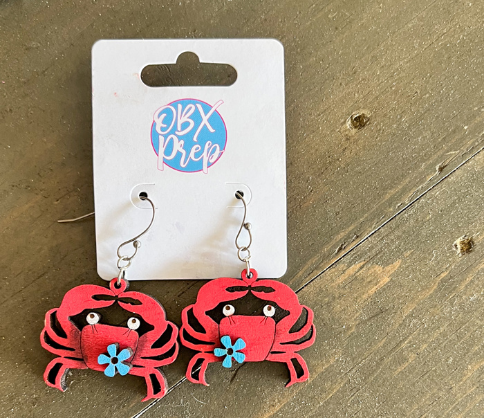 Hand Painted Crab Earrings with Floral Detail – Coastal Birch Wood Dangles Made in OBX