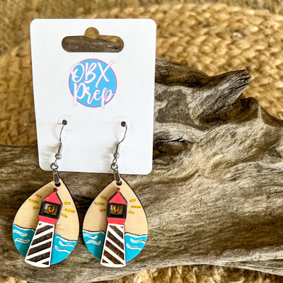 Hand Painted 3D Lighthouse Dangle Earrings - OBX Handmade Coastal Jewelry