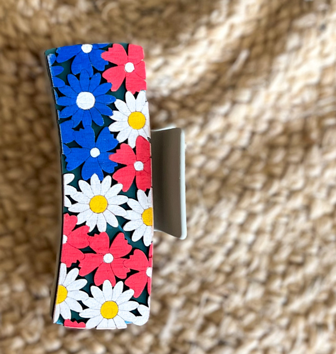 Patriotic Red White and Blue Floral Hand Painted Hair Claw 