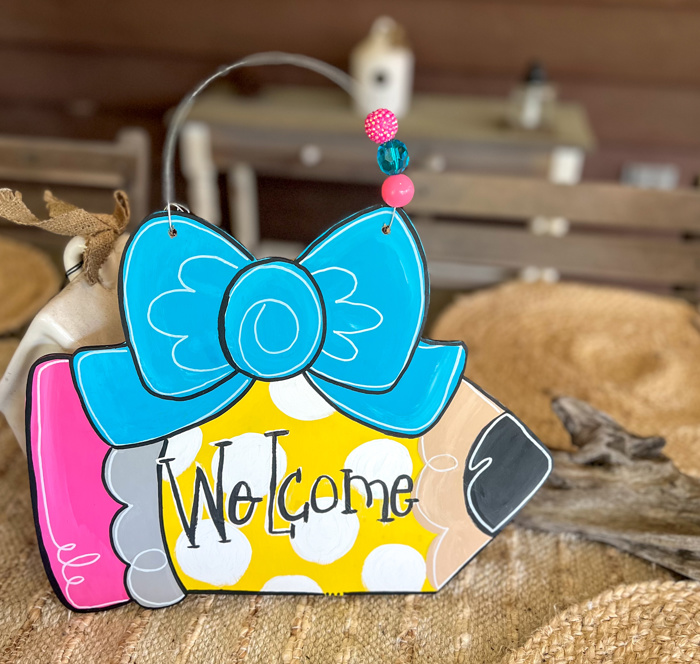 Hand-Painted Pencil Door Hanger with Bow – Custom Classroom or Welcome Sign