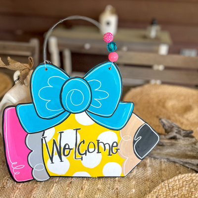 Hand-Painted Pencil Door Hanger with Bow – Custom Classroom or Welcome Sign