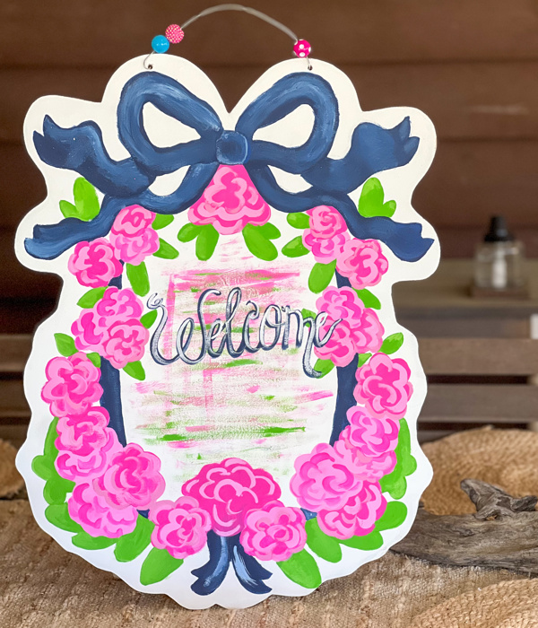 Hand-Painted Welcome Door Hanger – Pink Hydrangea Wreath with Blue Bow