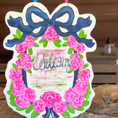Hand-Painted Welcome Door Hanger – Pink Hydrangea Wreath with Blue Bow