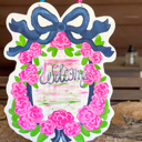  Hand-Painted Welcome Door Hanger – Pink Hydrangea Wreath with Blue Bow