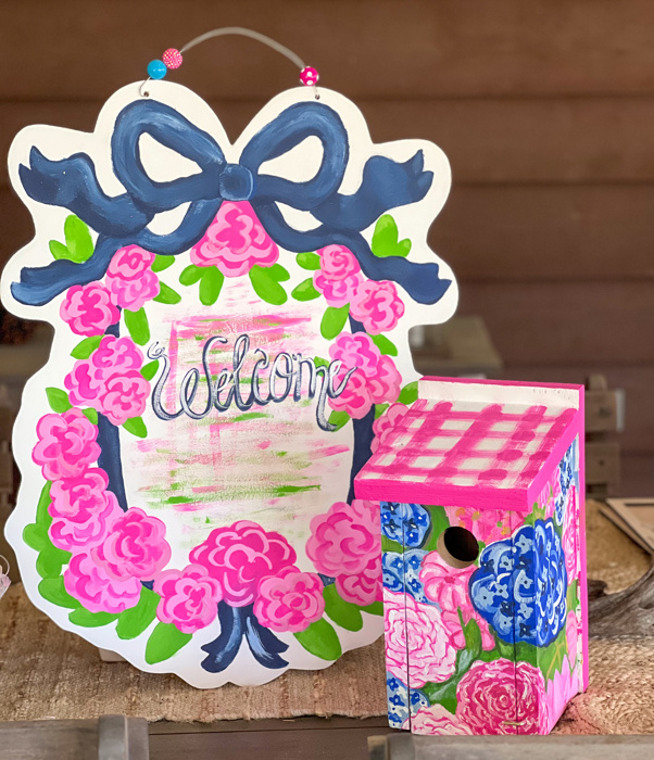 Hand-Painted Floral Birdhouse – Preppy Garden Decor with Hydrangeas, Coneflowers & Roses OOAK