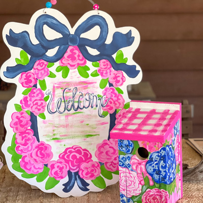 Hand-Painted Floral Birdhouse – Preppy Garden Decor with Hydrangeas, Coneflowers & Roses OOAK
