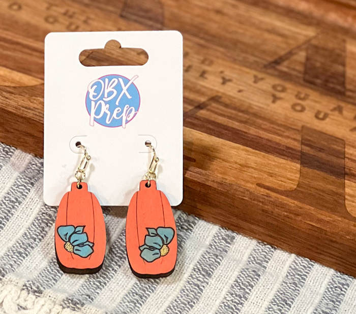 Hand-Painted Pumpkin Earrings with Blue Flower