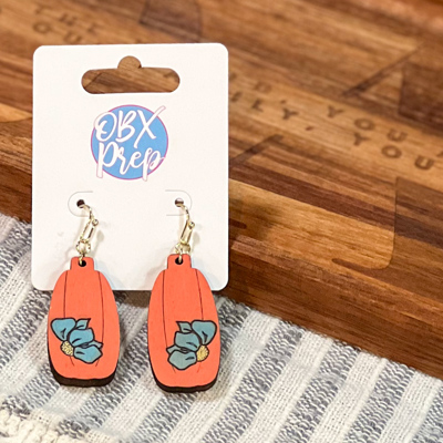 Hand-Painted Pumpkin Earrings with Blue Flower