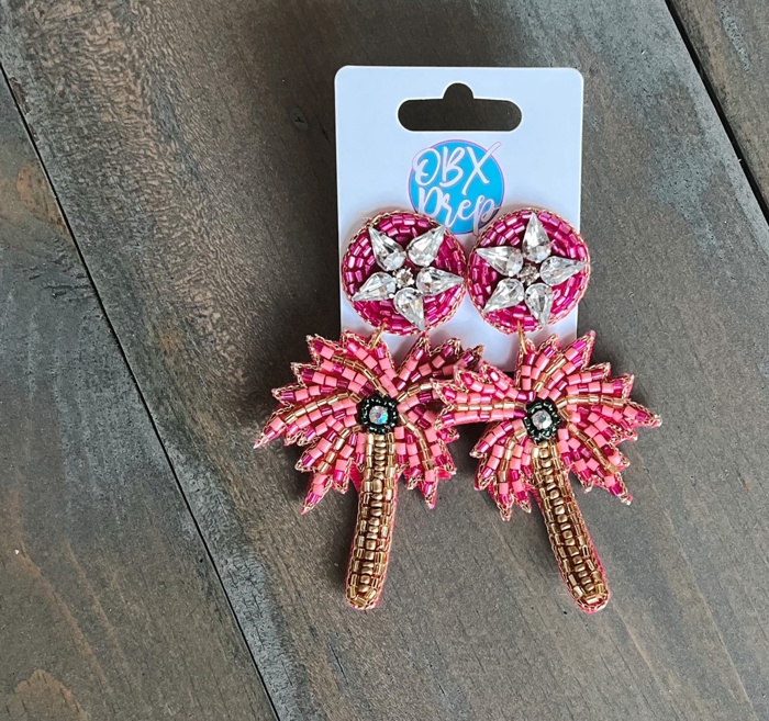 Pink Palm Tree Seed Beaded Earrings 