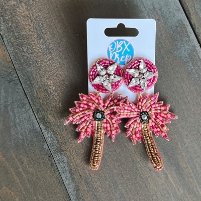 Pink Palm Tree Seed Beaded Earrings 