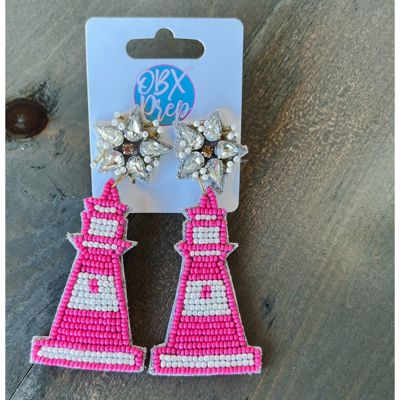Pink Lighthouse Handmade Seed Beaded Dangle Earrings.
