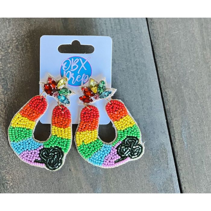 Rainbow Horseshoe with Clover Seed Beaded & Rhinestone Drop Earrings – Lucky & Festive for St. Patrick’s Day! 🌈🍀✨