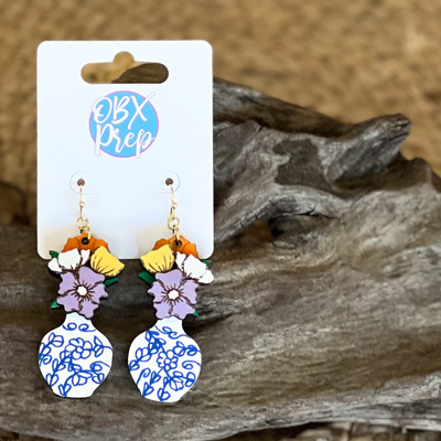 Hand-Painted Chinoiserie Vase Earrings with 3D Flowers – OBX Handmade