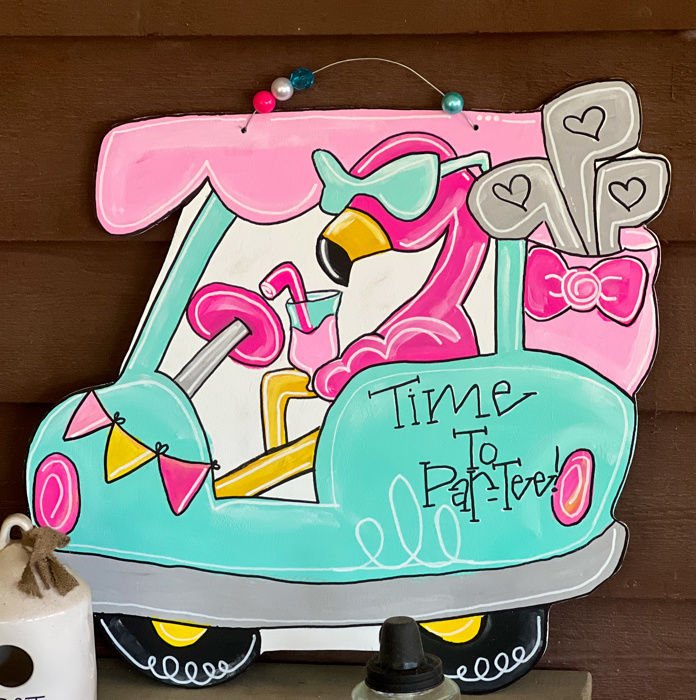 Hand-Painted Flamingo on Golf Cart Door Hanger - Time to Par-tee Sign