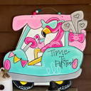  Hand-Painted Flamingo on Golf Cart Door Hanger - Time to Par-tee Sign