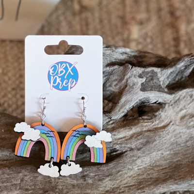 3D Rainbow & Cloud Hand-Painted Earrings – Handmade Birch Wood Dangle Earrings