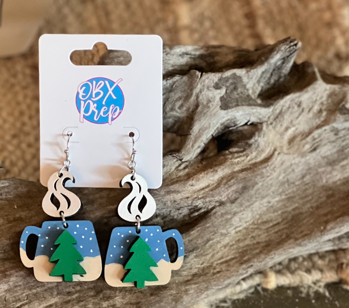 Winter Morning Coffee Mug Earrings – Hand-Painted Birch Wood Dangle Earrings with 3D Tree & Steam