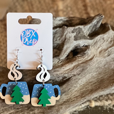 Winter Morning Coffee Mug Earrings – Hand-Painted Birch Wood Dangle Earrings with 3D Tree & Steam