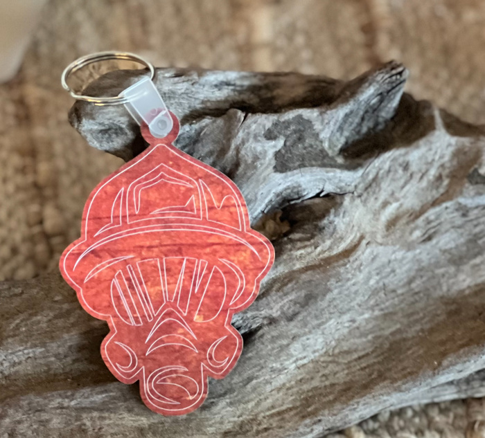 Firefighter Mask Acrylic Keychain – Rust & Flame Print – Round Keychain Made in the Outer Banks