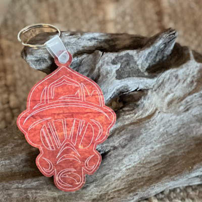 Firefighter Mask Acrylic Keychain – Rust & Flame Print – Round Keychain Made in the Outer Banks