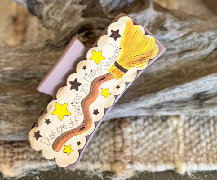 “Dust ’Em Off, Ladies” Hand-Painted Birch Hair Claw – Halloween Witch Broom Clip