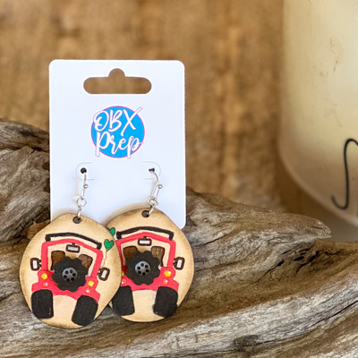 Hand-Painted Jeep Earrings – 3D Birch Wood with Green Heart Balloon