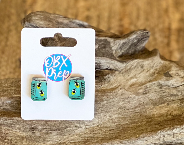 Firefly Jar Earrings – Hand-Painted Birch Wood in Stud or Dangle
