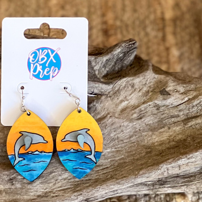 Dolphin Sunset Earrings – Hand-Painted 3D Birch Wood