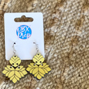 Yellow Abstract Floral Hand Painted Wood Dangle Earrings 
